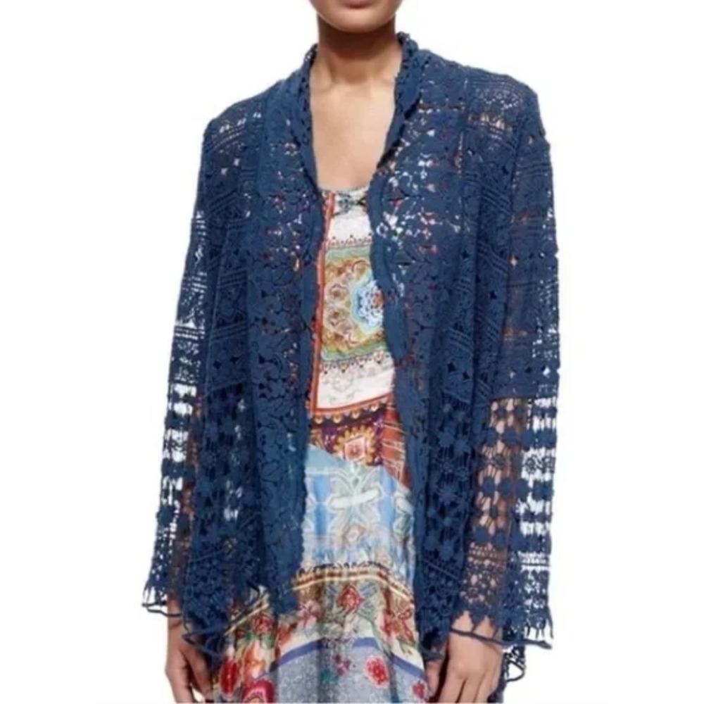 Johnny Was Cardigan Size Small Blue Bobble Crochet Floral Boho Coastal Festival